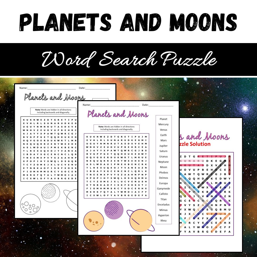 PlanetsAndMoons Word Search Puzzle Worksheet PDF