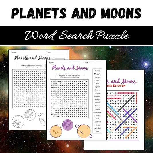 PlanetsAndMoons Word Search Puzzle Worksheet PDF