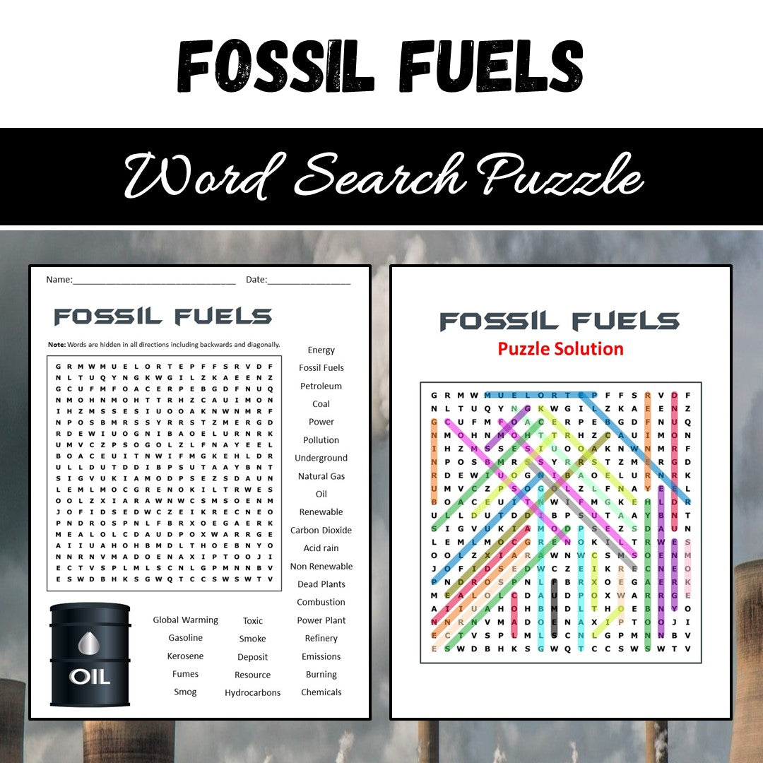 Fossil Fuels Word Search Puzzle Worksheet PDF