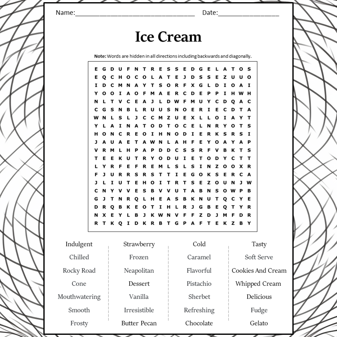 Ice Cream Word Search Puzzle Worksheet Activity PDF