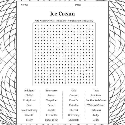 Ice Cream Word Search Puzzle Worksheet Activity PDF