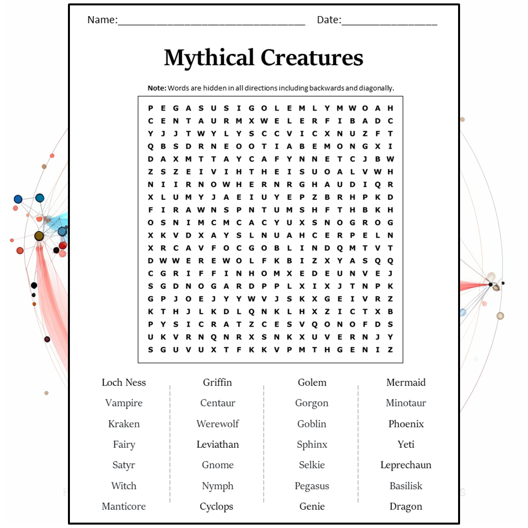 Mythical Creatures Word Search Puzzle Worksheet Activity PDF