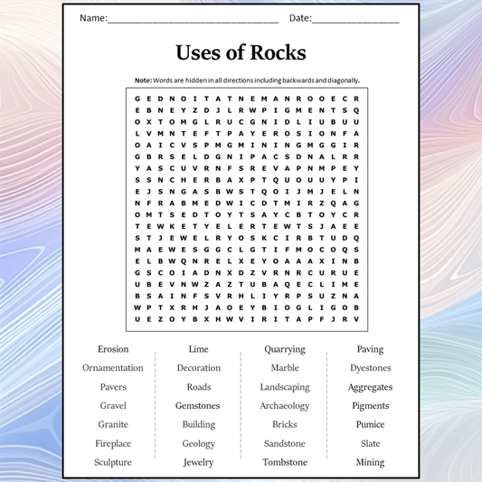 Uses Of Rocks Word Search Puzzle Worksheet Activity PDF