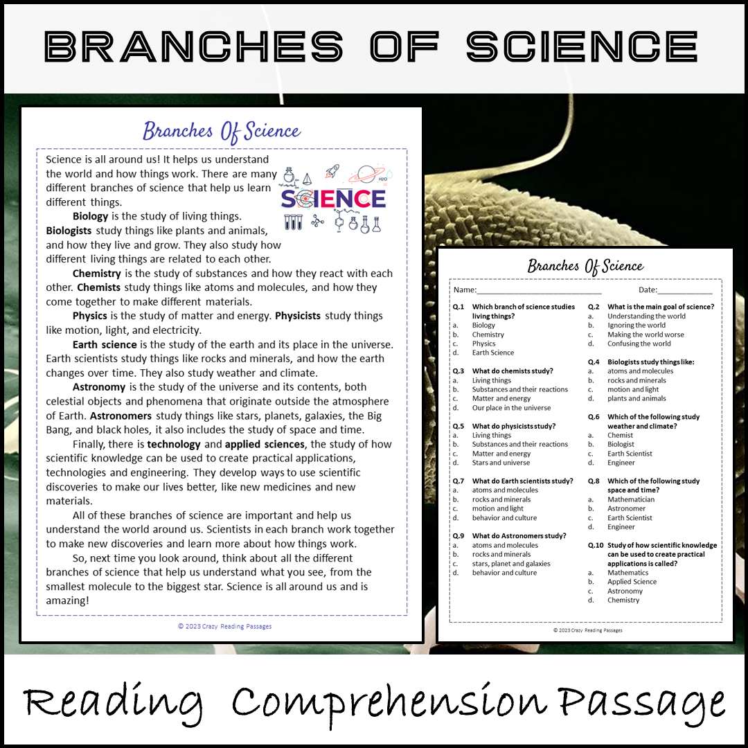 Branches Of Science Reading Comprehension Passage and Questions | Printable PDF