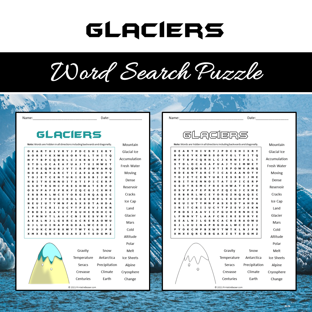 All About Glaciers Word Search Puzzle Worksheet PDF