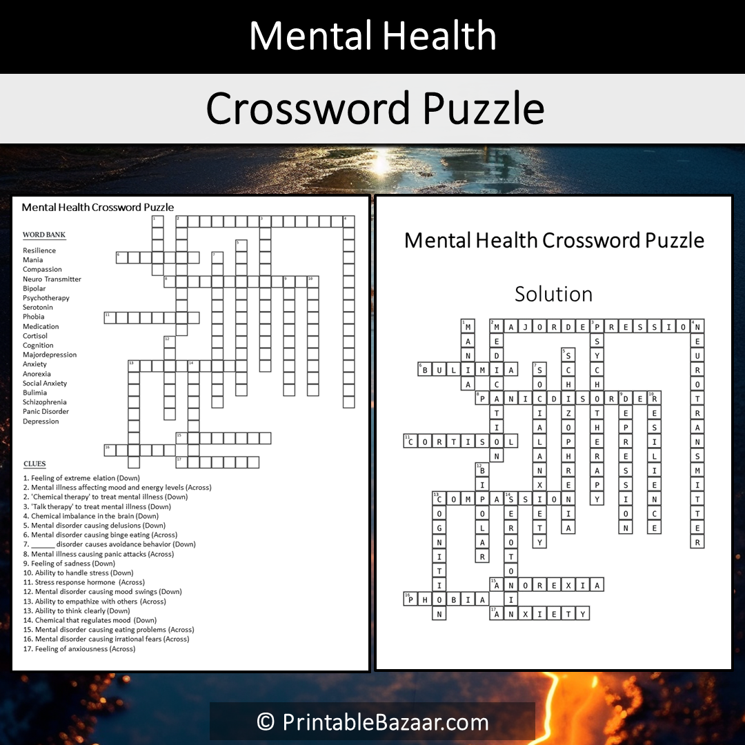 Mental Health Crossword Puzzle Worksheet Activity Printable PDF