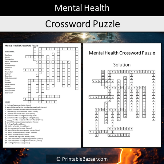 Mental Health Crossword Puzzle Worksheet Activity Printable PDF