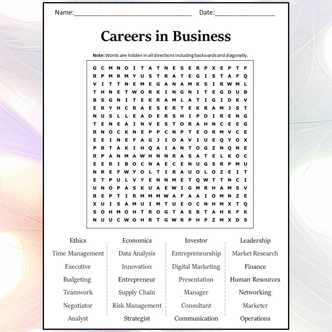 Careers In Business Word Search Puzzle Worksheet Activity PDF