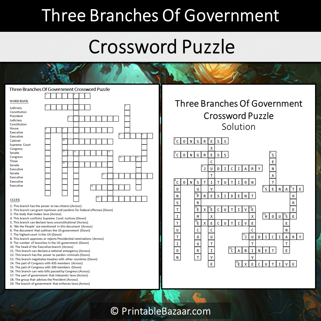 Three Branches Of Government Crossword Puzzle Worksheet Activity Printable PDF