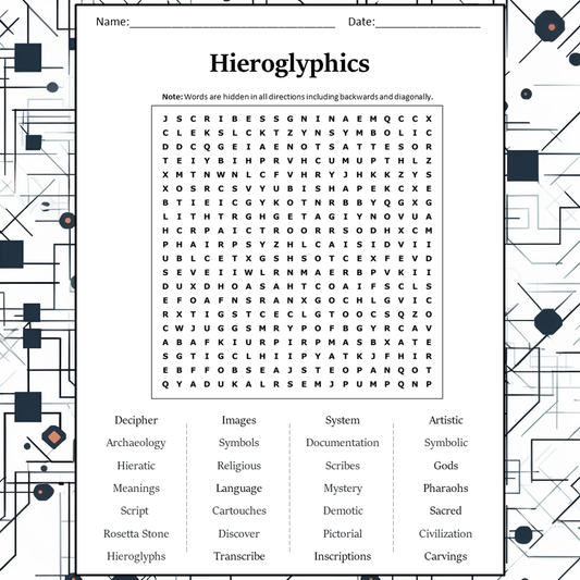 Hieroglyphics Word Search Puzzle Worksheet Activity PDF