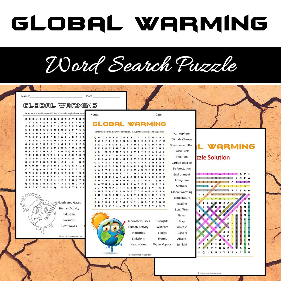 Global Warming Word Search Puzzle Worksheet PDF