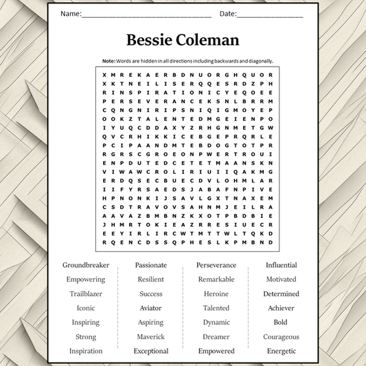 Bessie Coleman Word Search Puzzle Worksheet Activity PDF