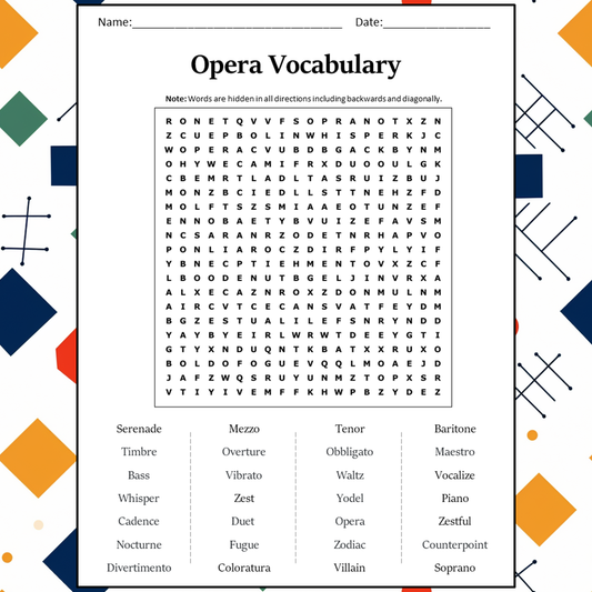 Opera Vocabulary Word Search Puzzle Worksheet Activity PDF