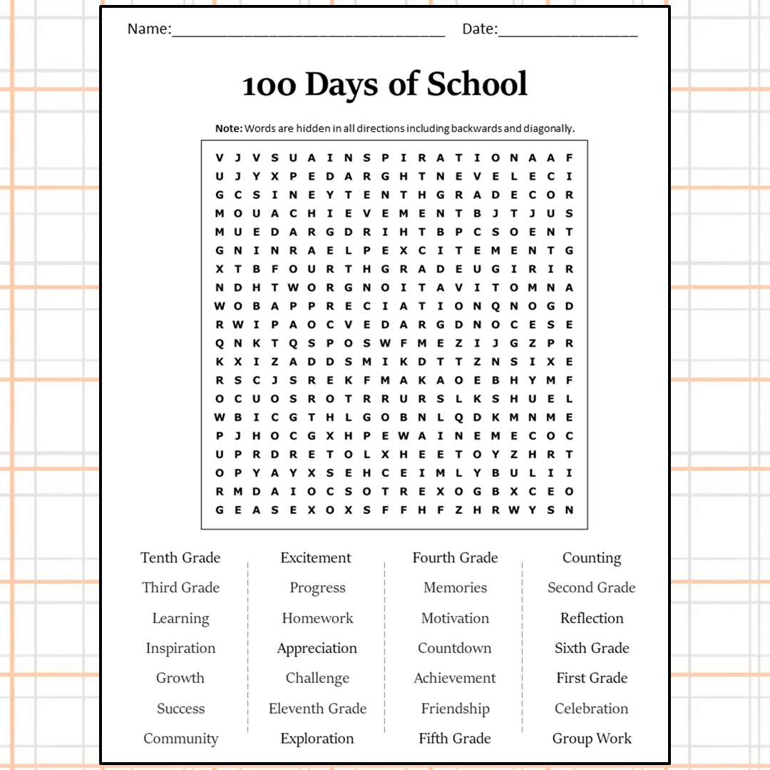 100 Days Of School Word Search Puzzle Worksheet Activity PDF ...