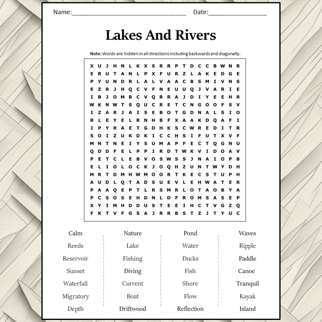 Lakes And Rivers Word Search Puzzle Worksheet Activity PDF