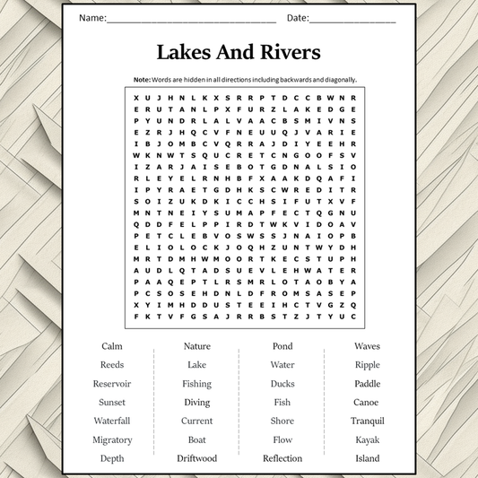 Lakes And Rivers Word Search Puzzle Worksheet Activity PDF