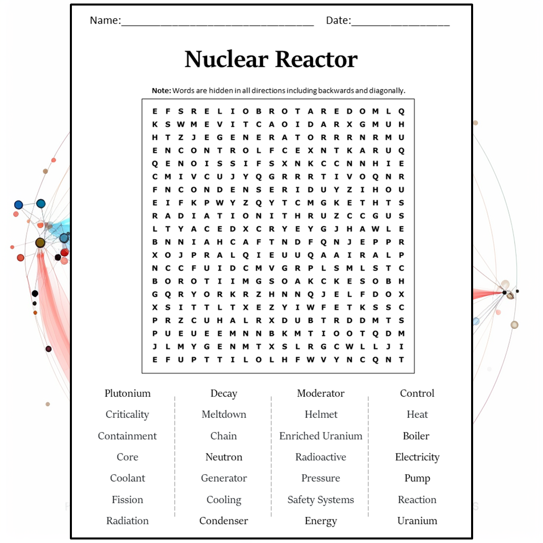 Nuclear Reactor Word Search Puzzle Worksheet Activity PDF