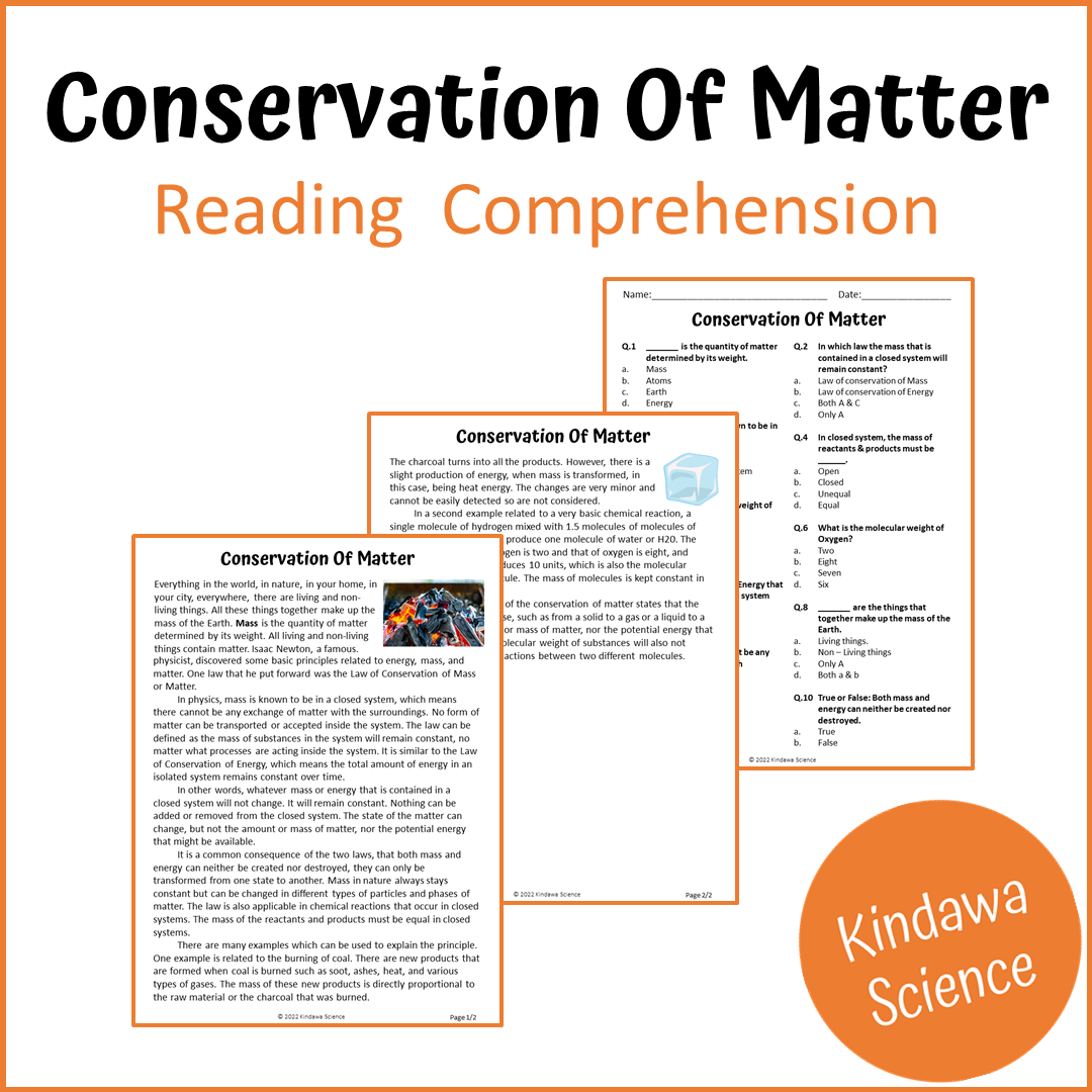 Conservation Of Matter Reading Comprehension Passage and Questions | Printable PDF