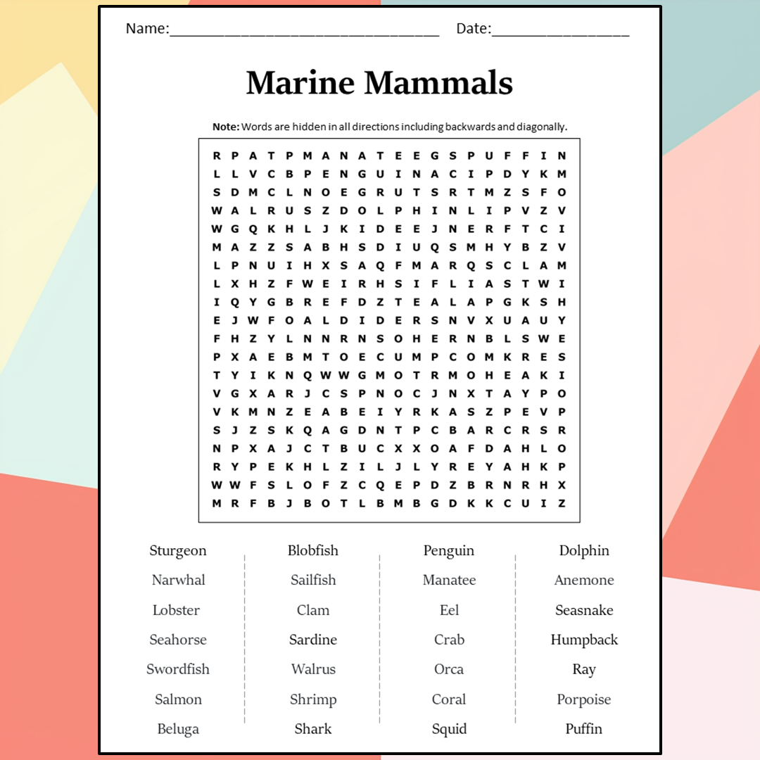 Marine Mammals Word Search Puzzle Worksheet Activity PDF