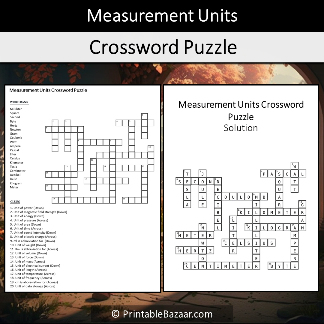 Measurement Units Crossword Puzzle Worksheet Activity Printable PDF