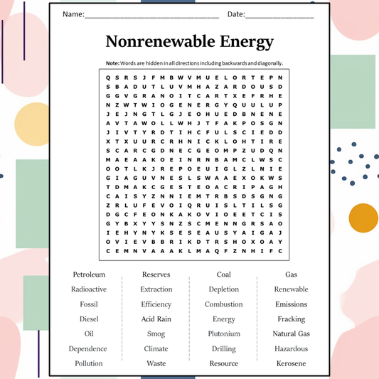 Nonrenewable Energy Word Search Puzzle Worksheet Activity PDF