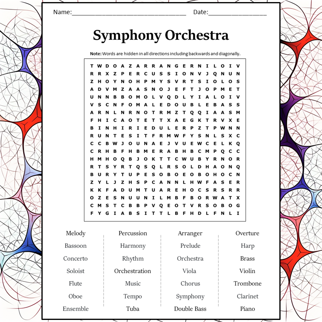 Symphony Orchestra Word Search Puzzle Worksheet Activity PDF