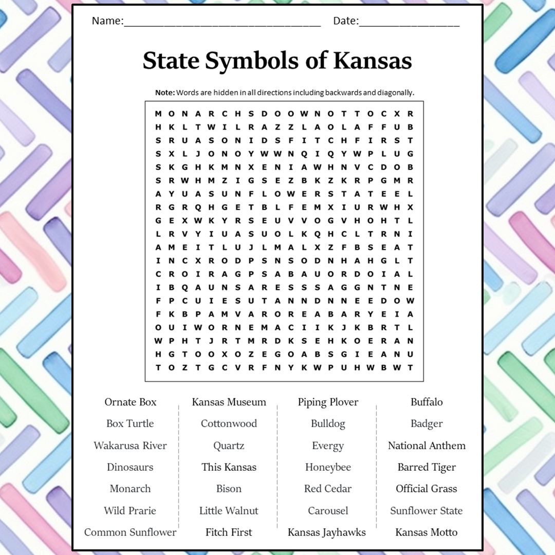 State Symbols Of Kansas Word Search Puzzle Worksheet Activity PDF