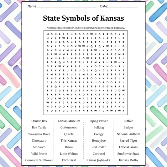 State Symbols Of Kansas Word Search Puzzle Worksheet Activity PDF