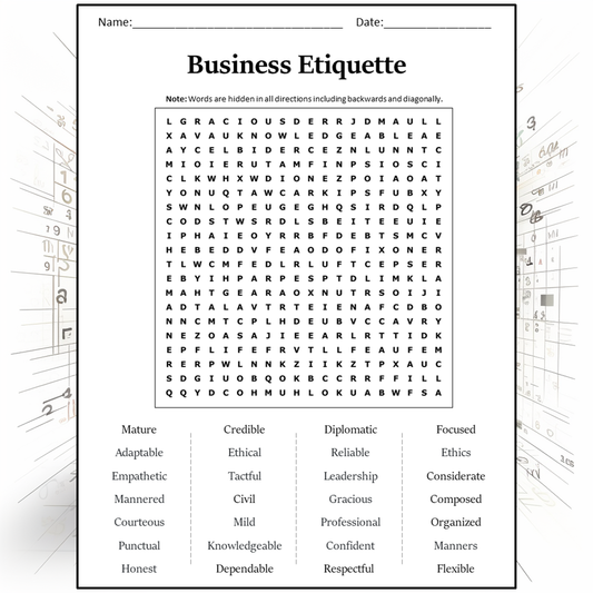 Business Etiquette Word Search Puzzle Worksheet Activity PDF