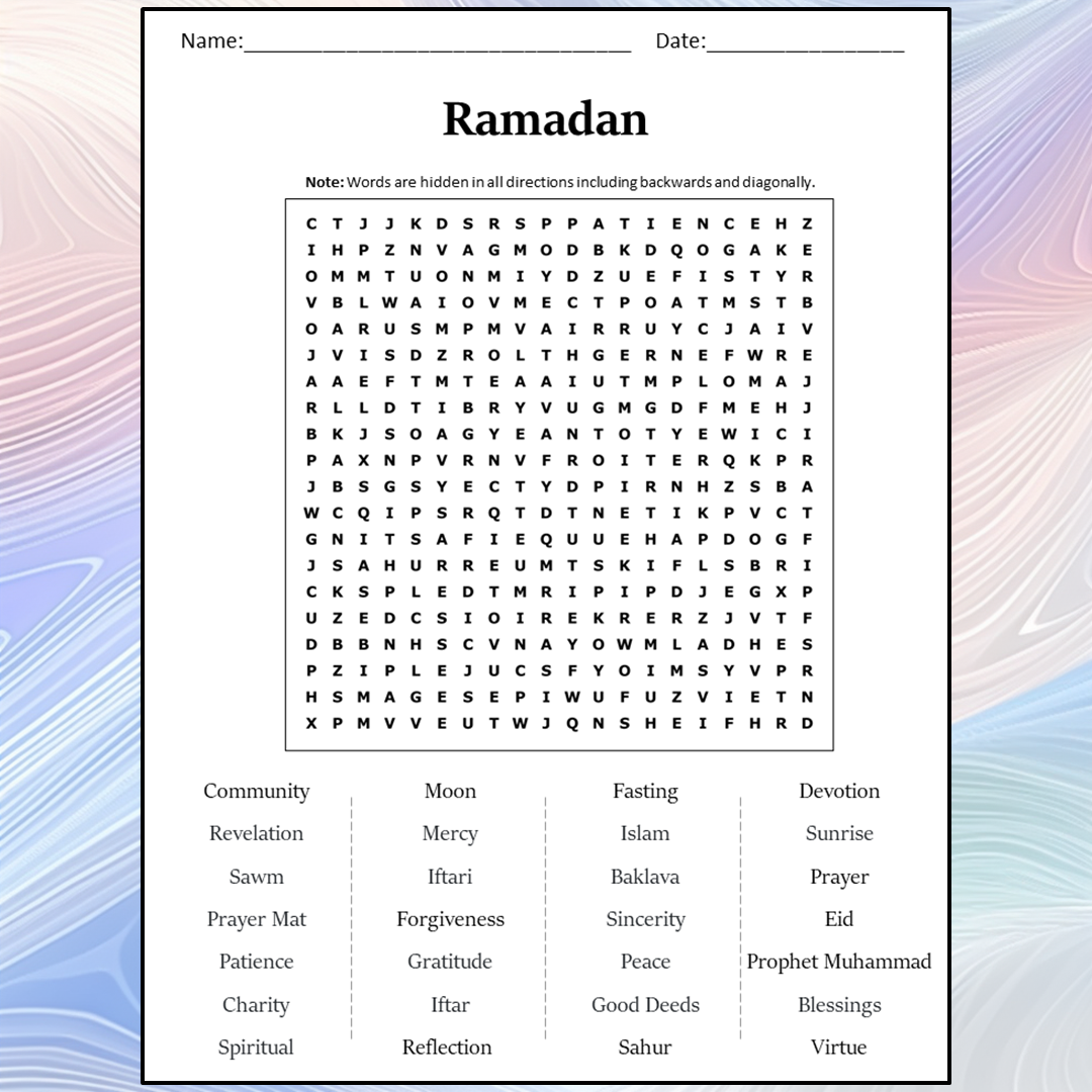 Ramadan Word Search Puzzle Worksheet Activity PDF