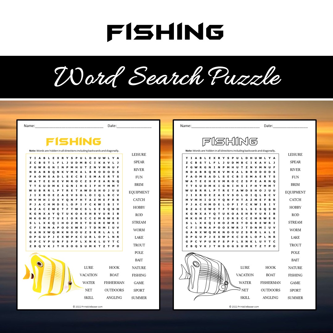 Fishing Word Search Puzzle Worksheet PDF