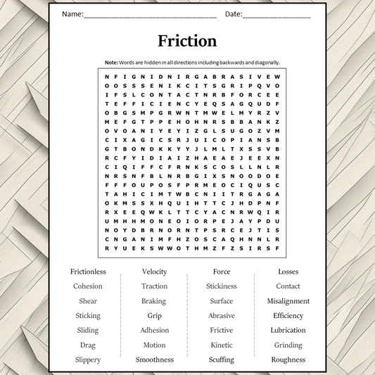 Friction Word Search Puzzle Worksheet Activity PDF