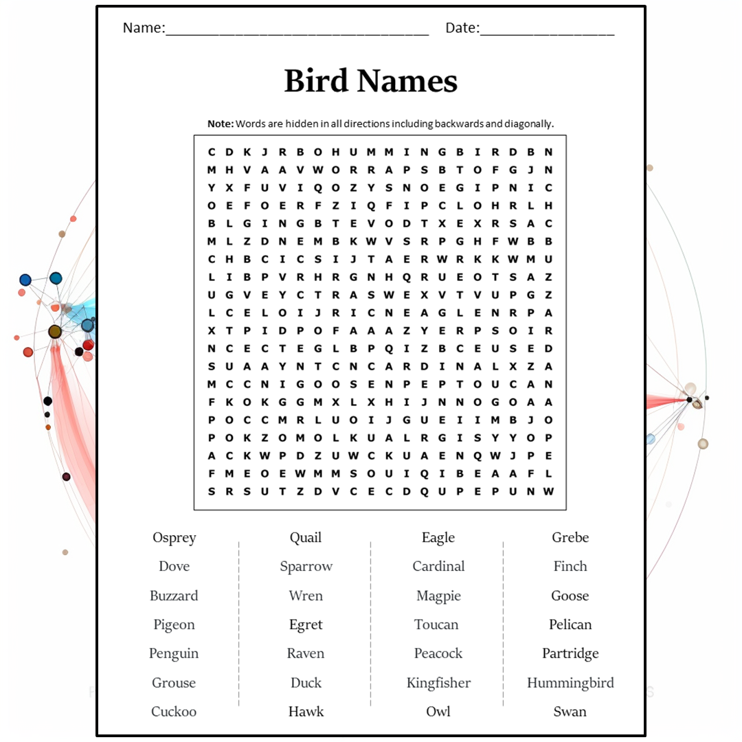 Bird Names Word Search Puzzle Worksheet Activity PDF