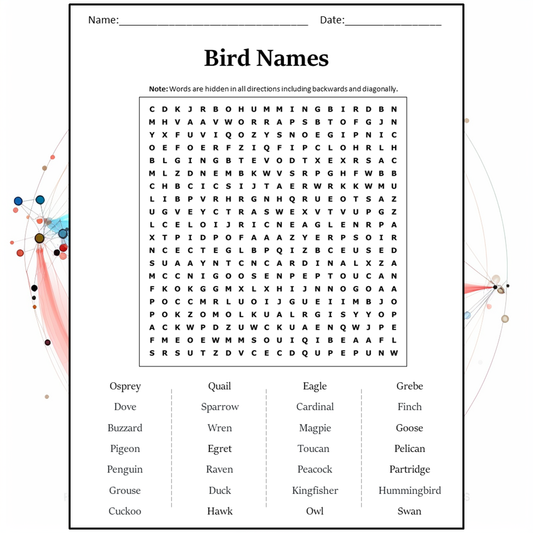 Bird Names Word Search Puzzle Worksheet Activity PDF