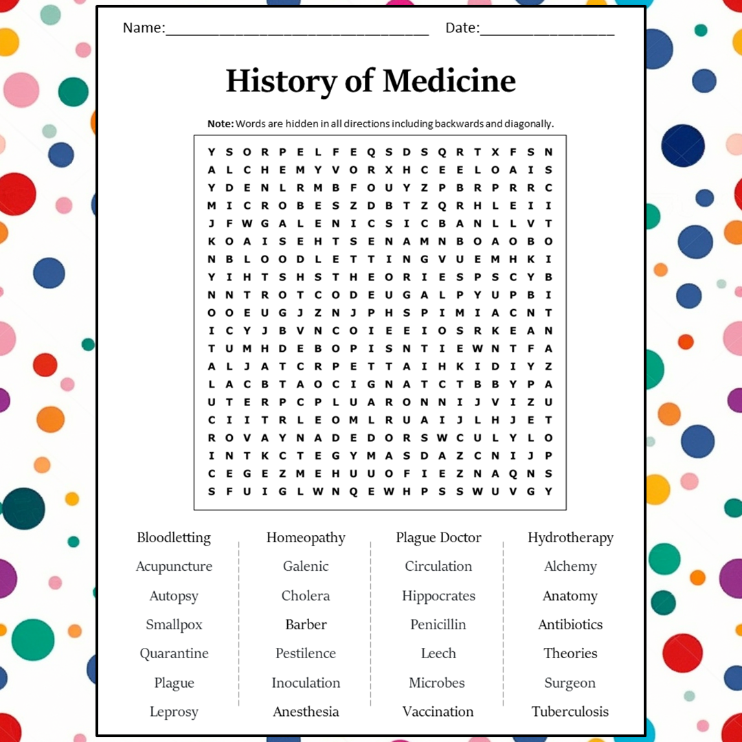 History Of Medicine Word Search Puzzle Worksheet Activity PDF