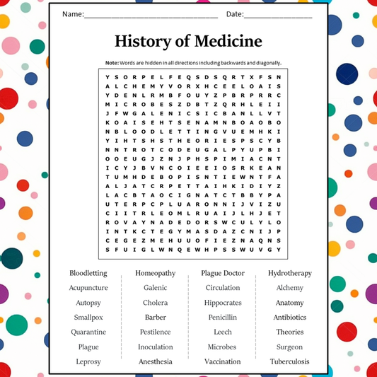 History Of Medicine Word Search Puzzle Worksheet Activity PDF