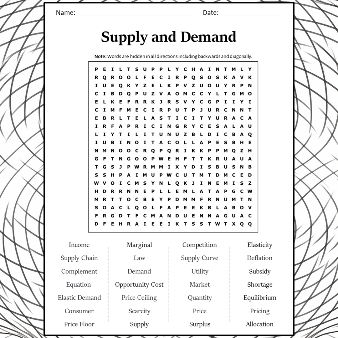 Supply And Demand Word Search Puzzle Worksheet Activity PDF