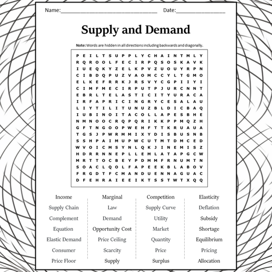 Supply And Demand Word Search Puzzle Worksheet Activity PDF