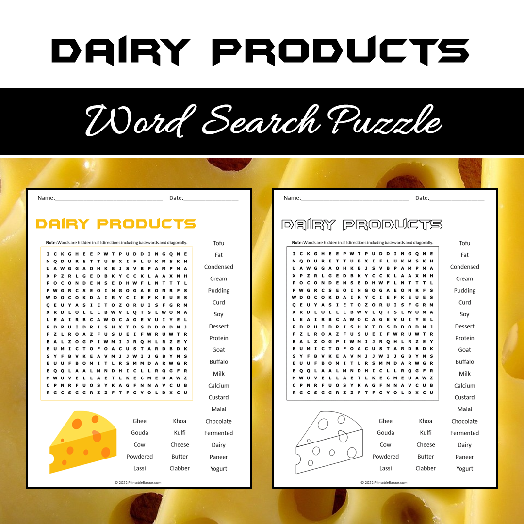 Dairy Products Word Search Puzzle Worksheet PDF