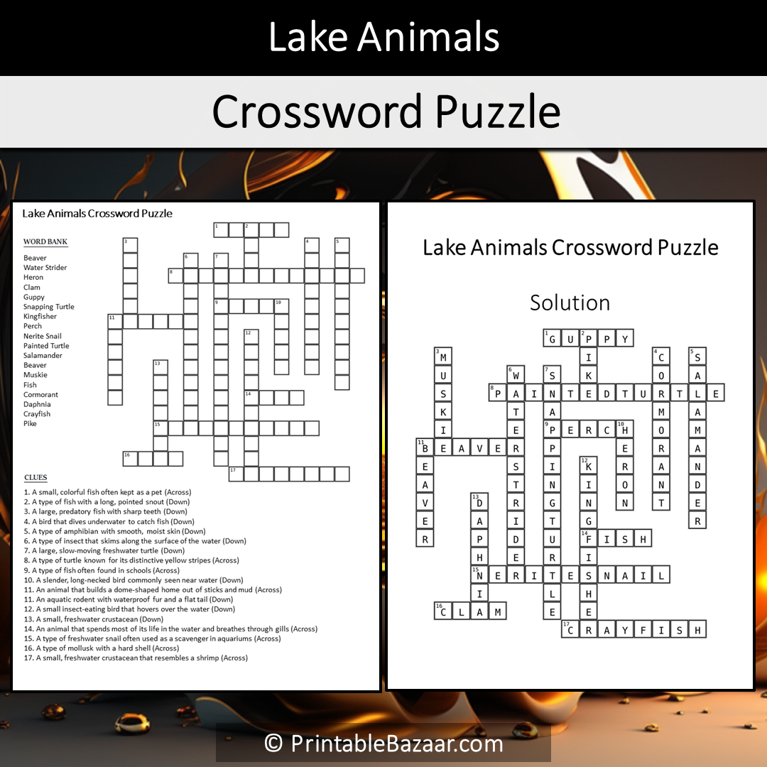 Lake Animals Crossword Puzzle Worksheet Activity Printable PDF