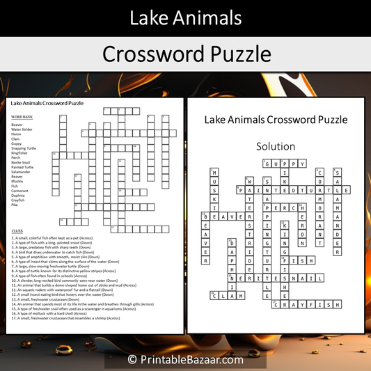 Lake Animals Crossword Puzzle Worksheet Activity Printable PDF