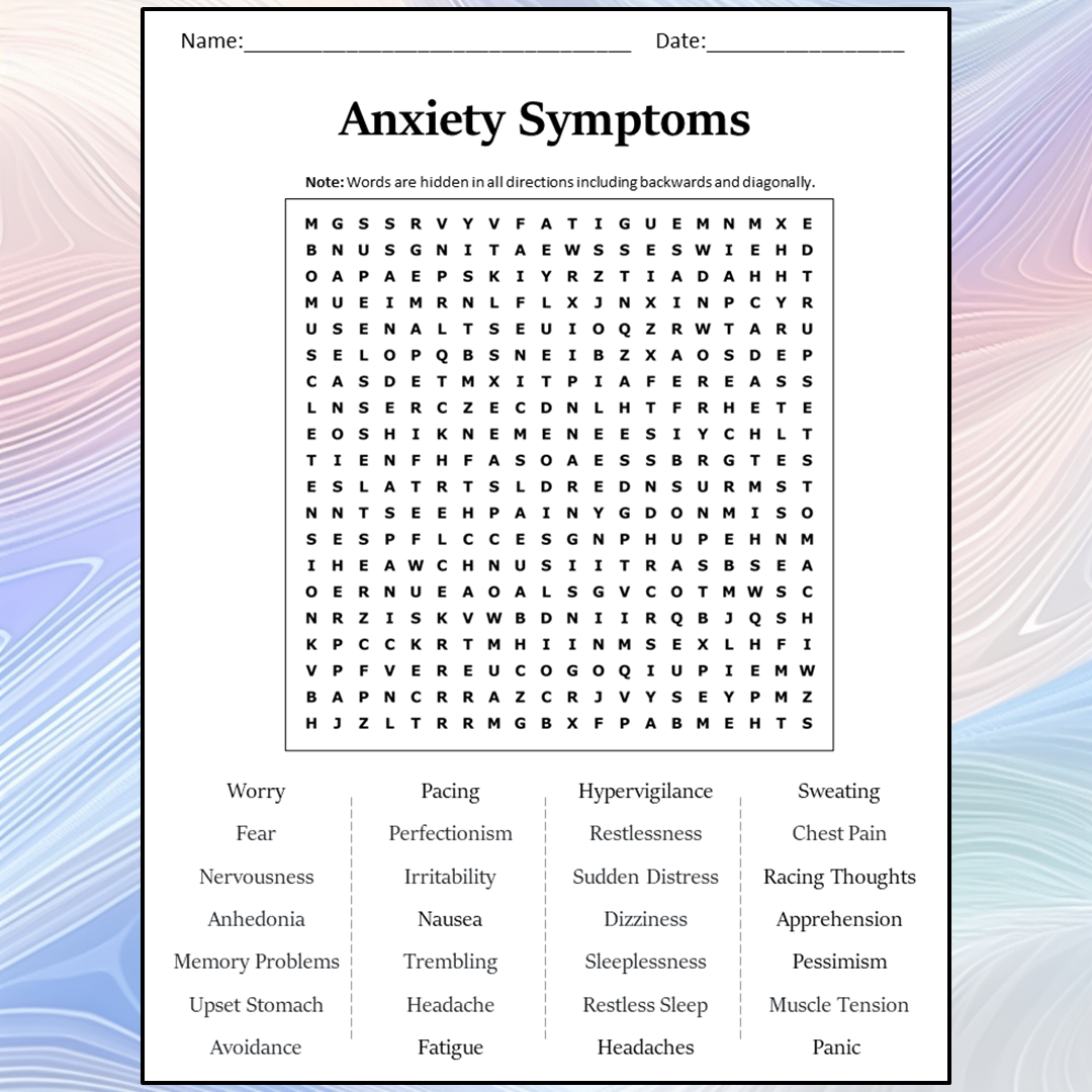 Anxiety Symptoms Word Search Puzzle Worksheet Activity PDF