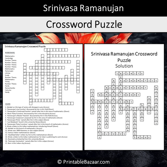 Srinivasa Ramanujan Crossword Puzzle Worksheet Activity Printable PDF