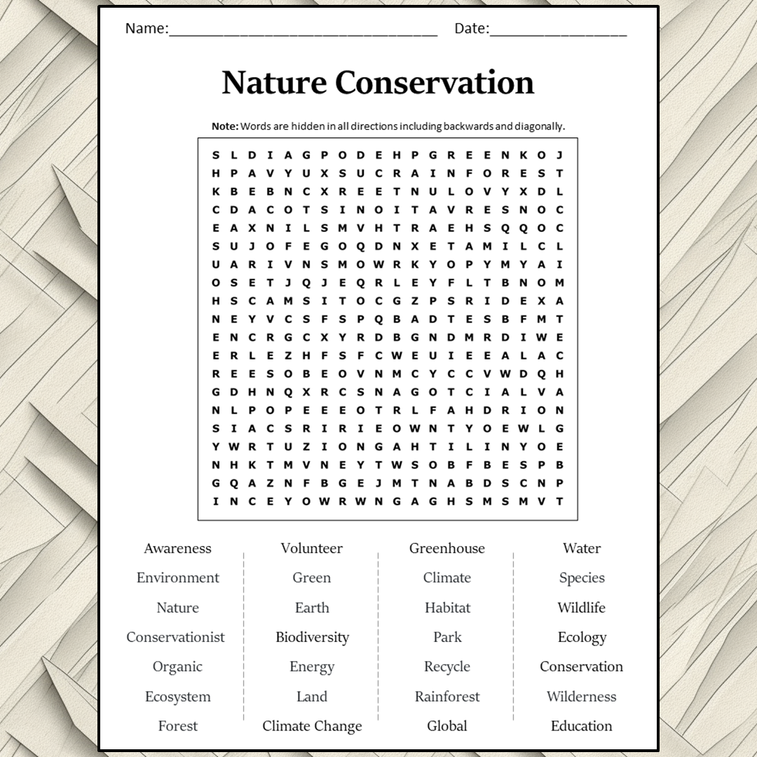 Nature Conservation Word Search Puzzle Worksheet Activity PDF