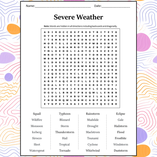 Severe Weather Word Search Puzzle Worksheet Activity PDF