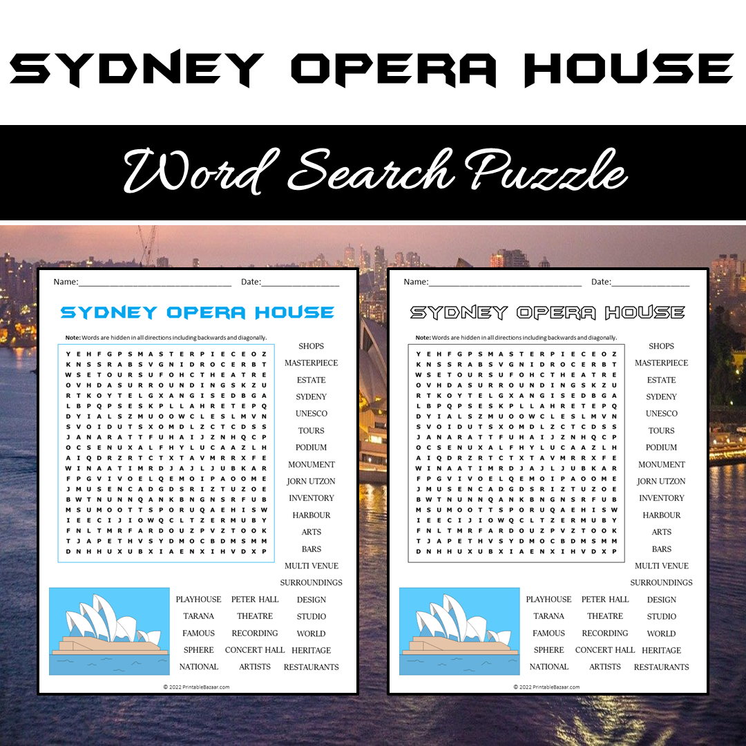 Sydney Opera House Word Search Puzzle Worksheet PDF