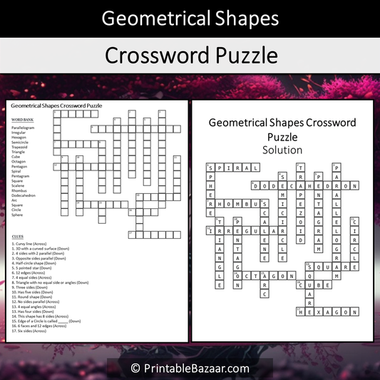 Geometrical Shapes Crossword Puzzle Worksheet Activity Printable PDF