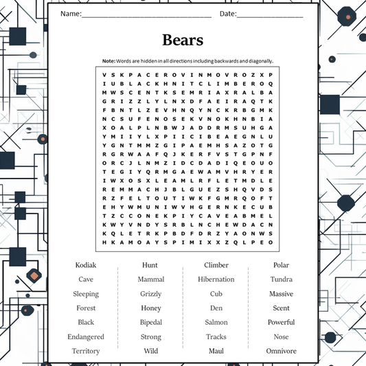 Bears Word Search Puzzle Worksheet Activity PDF