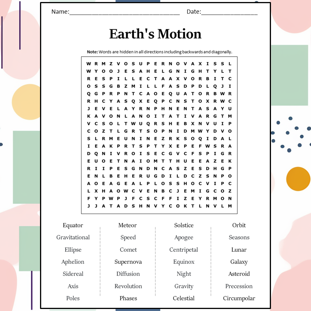 Earth's Motion Word Search Puzzle Worksheet Activity PDF