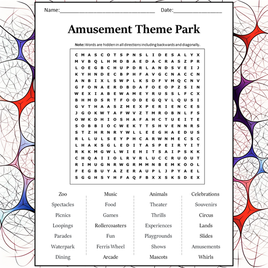 Amusement Theme Park Word Search Puzzle Worksheet Activity PDF